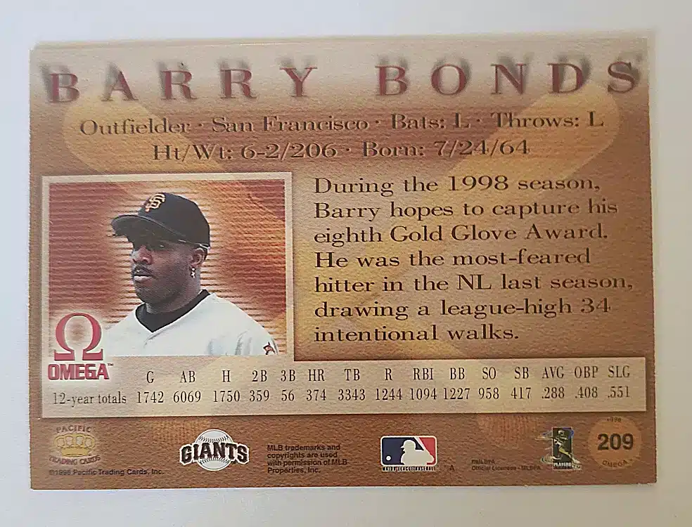 Barry Bonds Omega 1988 Card #209 Back