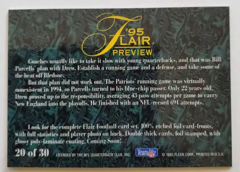 Drew Bledsoe Flair 1995 Card 20 of 30 Back