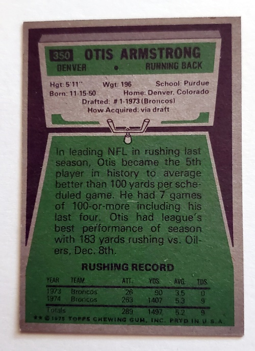 Otis Armstrong Topps 1975 Card #350 back