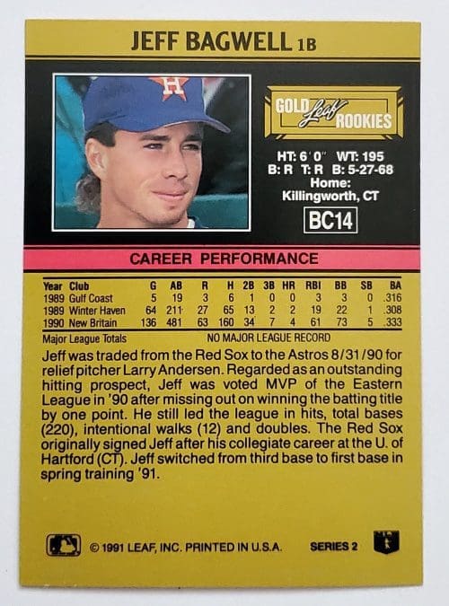 Jeff Bagwell Leaf 1991 "Gold Rookies" Card #BC14 Back