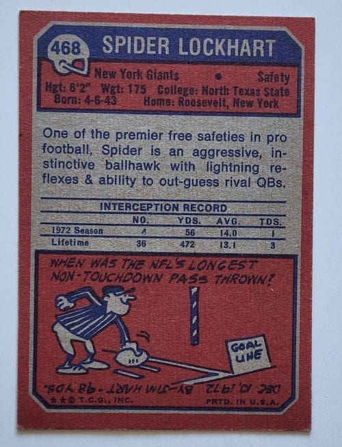 Spider Lockhart Topps 1973 NFL Trading Card #468 back