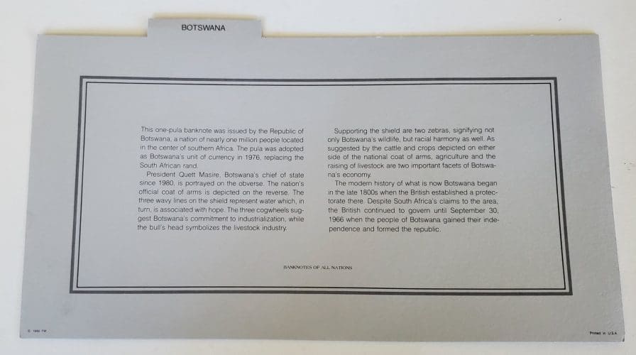 Banknotes of The Nations Botswaan Information Card
