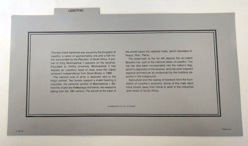 Banknotes of The Nations Lesotho Information Card