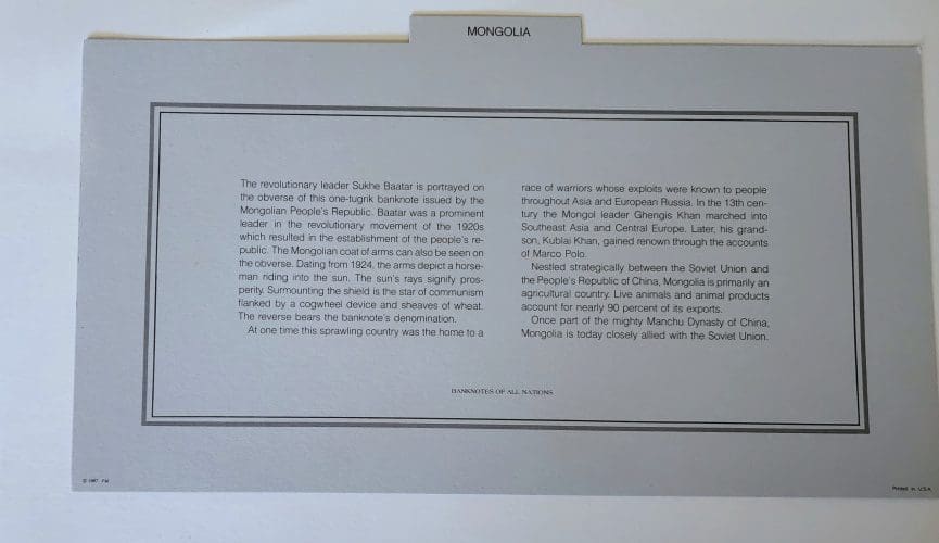 Banknotes of The Nations Mongolia Information Card