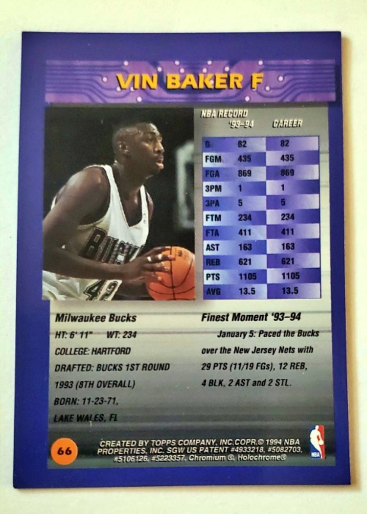 Vin Baker Topps Finest 1994 Card 66