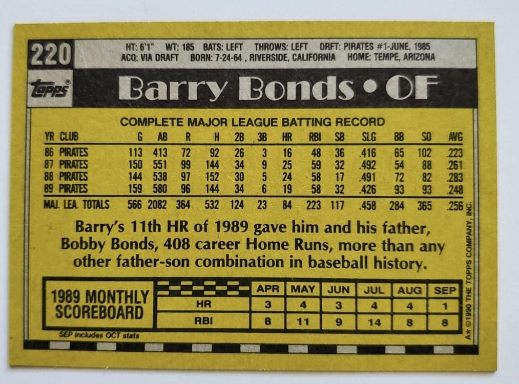 Barry Bonds Topps 1990 MLB Trading Card #220 back