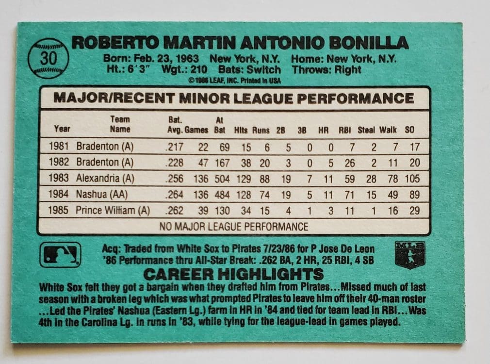 Bobby Bonilla Donruss 1986 "The Rookies" Card #30 White Sox Back