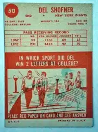 Del Shofner-Topps 1963 Card #60 Back