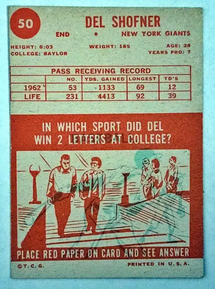 Del Shofner-Topps 1963 Card #60 Back