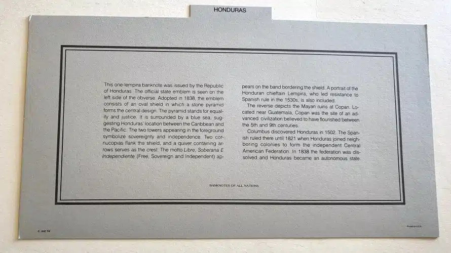 Honduras Banknote Information Card