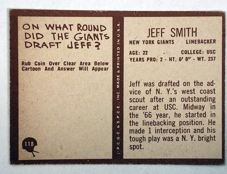 Jeff Smith Philadelphia 1967 NFL Trading Card #118 New York Giants Back