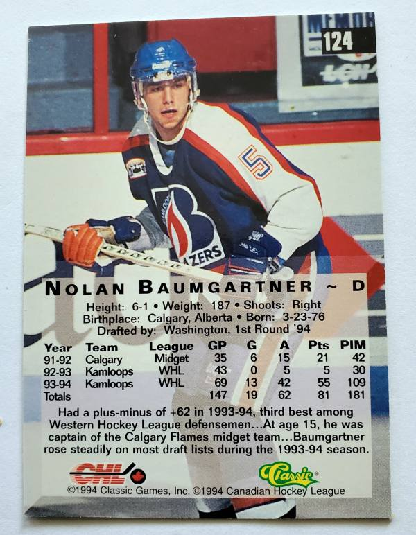 Nolan Baumgartner Classic 4 Sport 1994 NHL Card # 124 Back