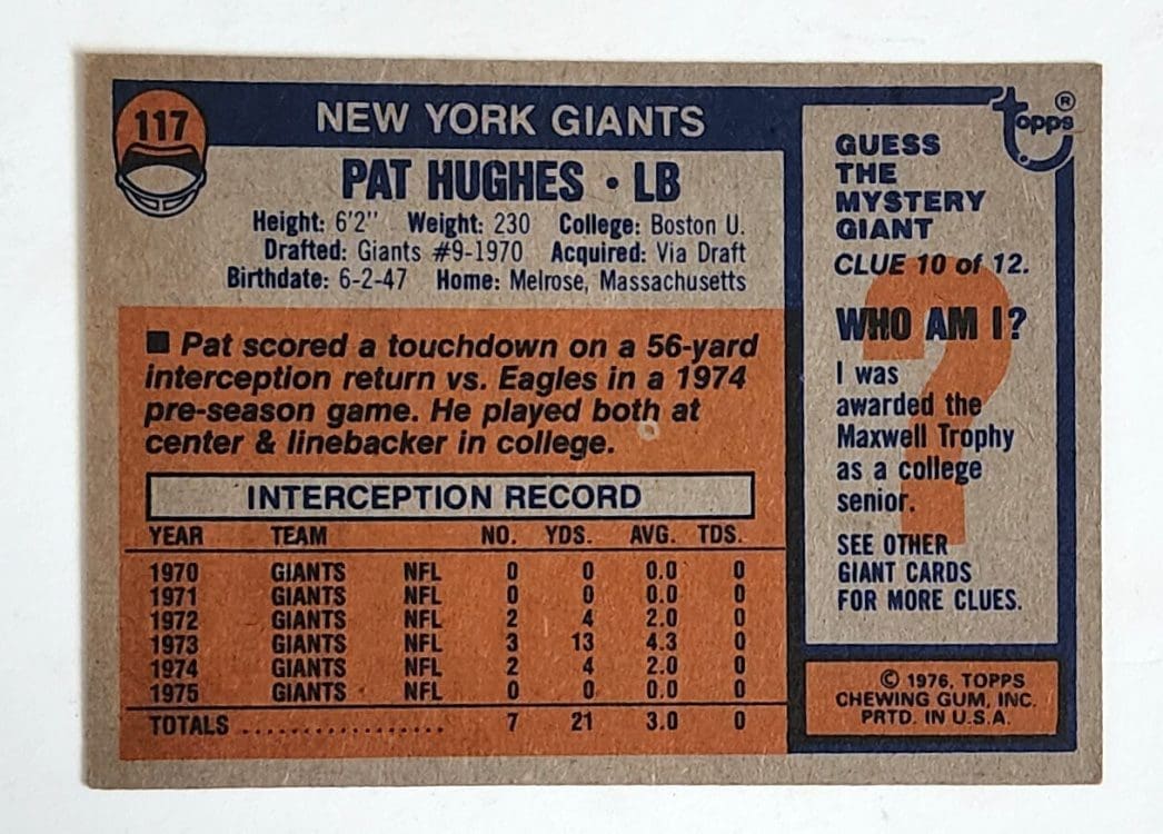 Pat Hughes Topps 1978 NFL Trading Card #117 Back