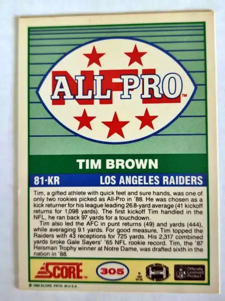 Tim Brown Score 1989 Card #305 back