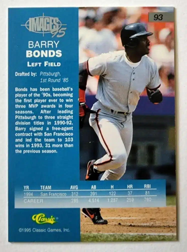 Barry-Bonds-Classic-Vision-1995-93-back Barry Bonds Classic Images 95-1995 card #93 Back