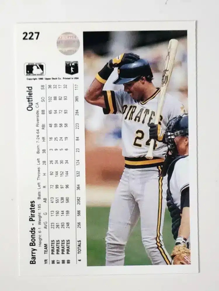 Barry Bonds Upper Deck 1990 Card #227 Back