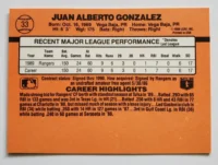 Juan Gonzales Donruss 1990 Error Card #33 back
