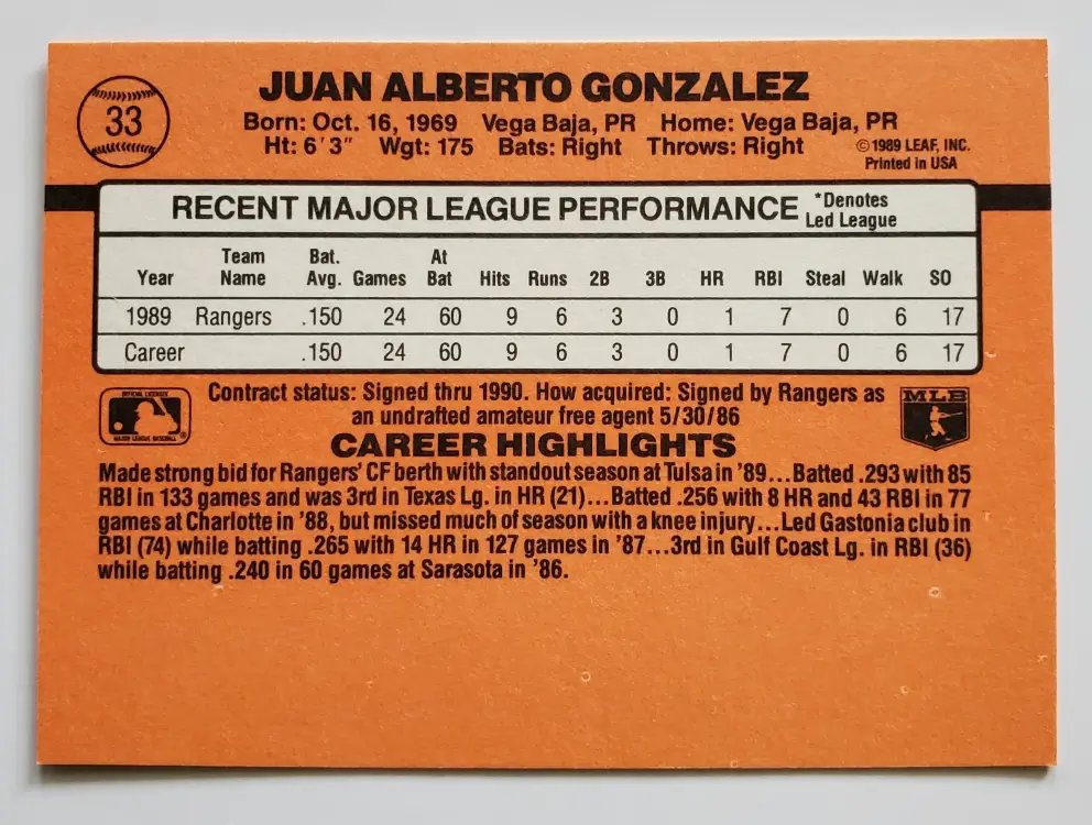 juan-gonzalez-donruss-1990-error-33-back Juan Gonzales Donruss 1990 Error Card #33 back