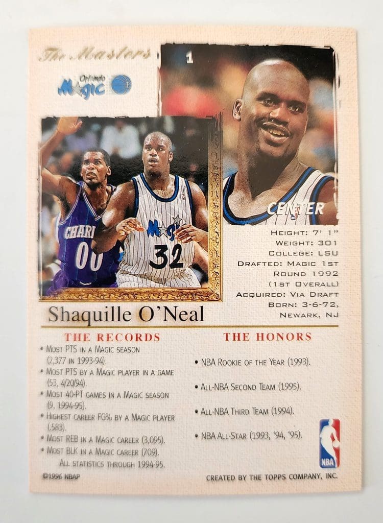 Shaquille O'Neal Topps Gallery 1996 NBA Trading Card #1 Orlando Magic Back
