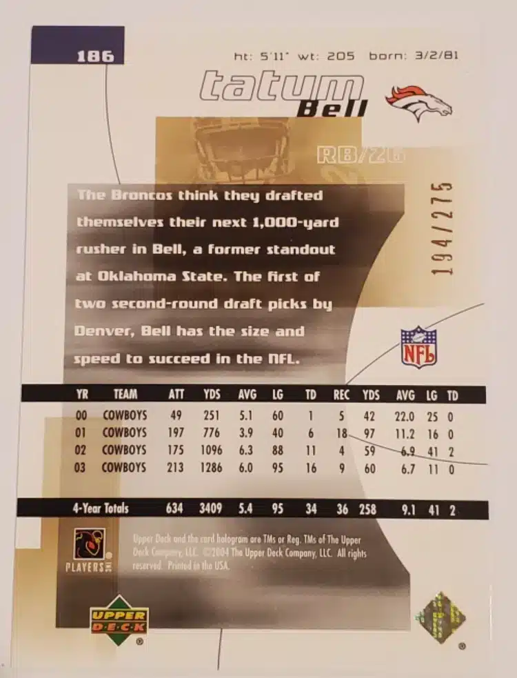 Tatum Bell Upper Deck 2004 Card #186 Back