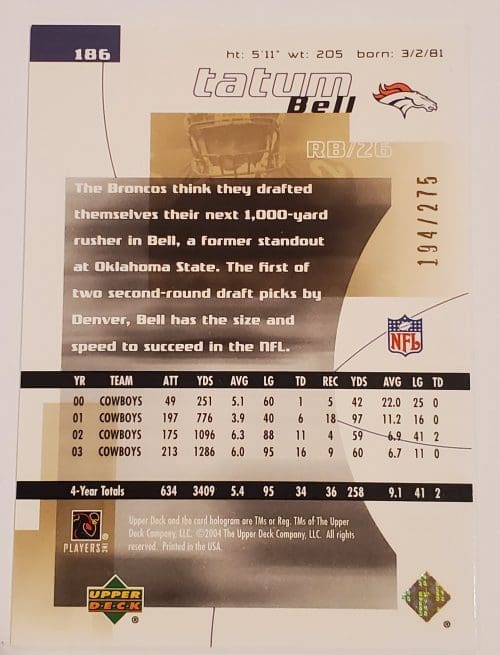 Tatum Bell Upper Deck 2004 NFL Trading Card #186 Back