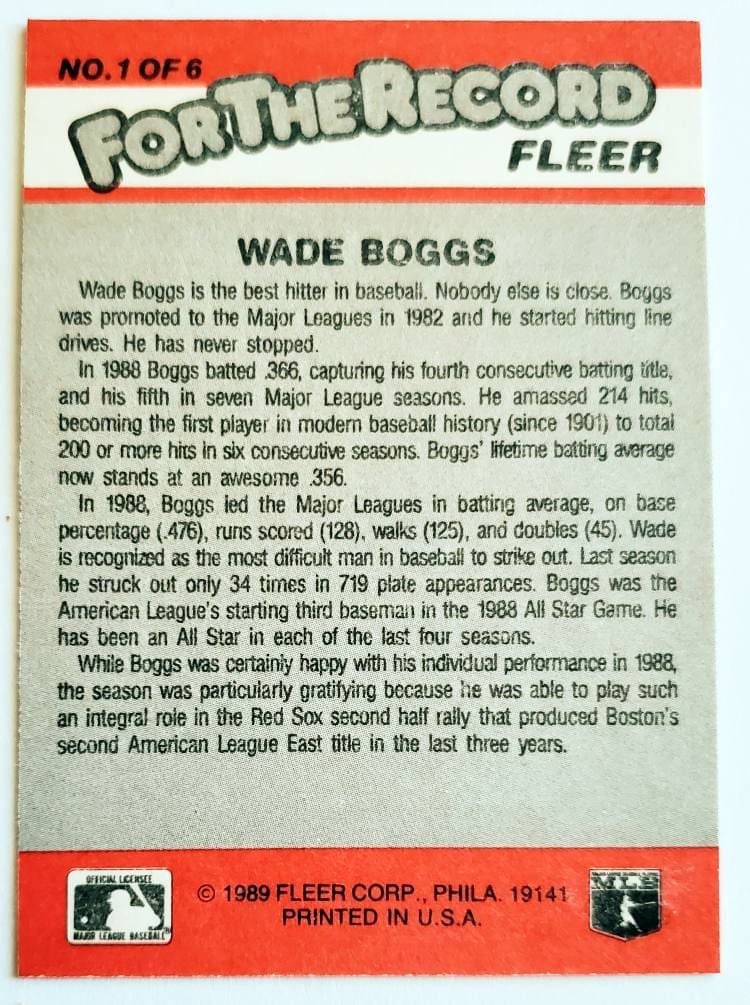 Wade Boggs Fleer 1989 "For The Record" MLB Trading Card #1 of 6 Boston Red Sox Back