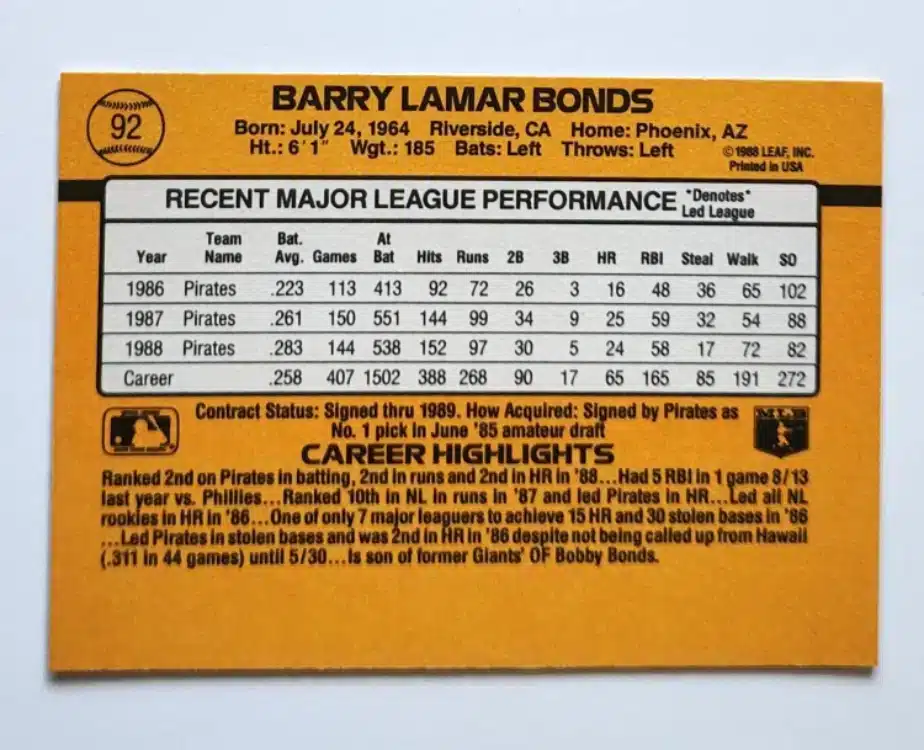 Barry Bonds Donruss 1989 Card #92 back