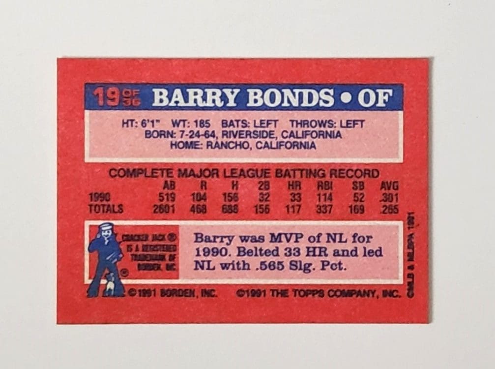 Barry Bonds Tops 1991 Cracker Jacks MLB Card #19 Pittsburgh Pirates BAck