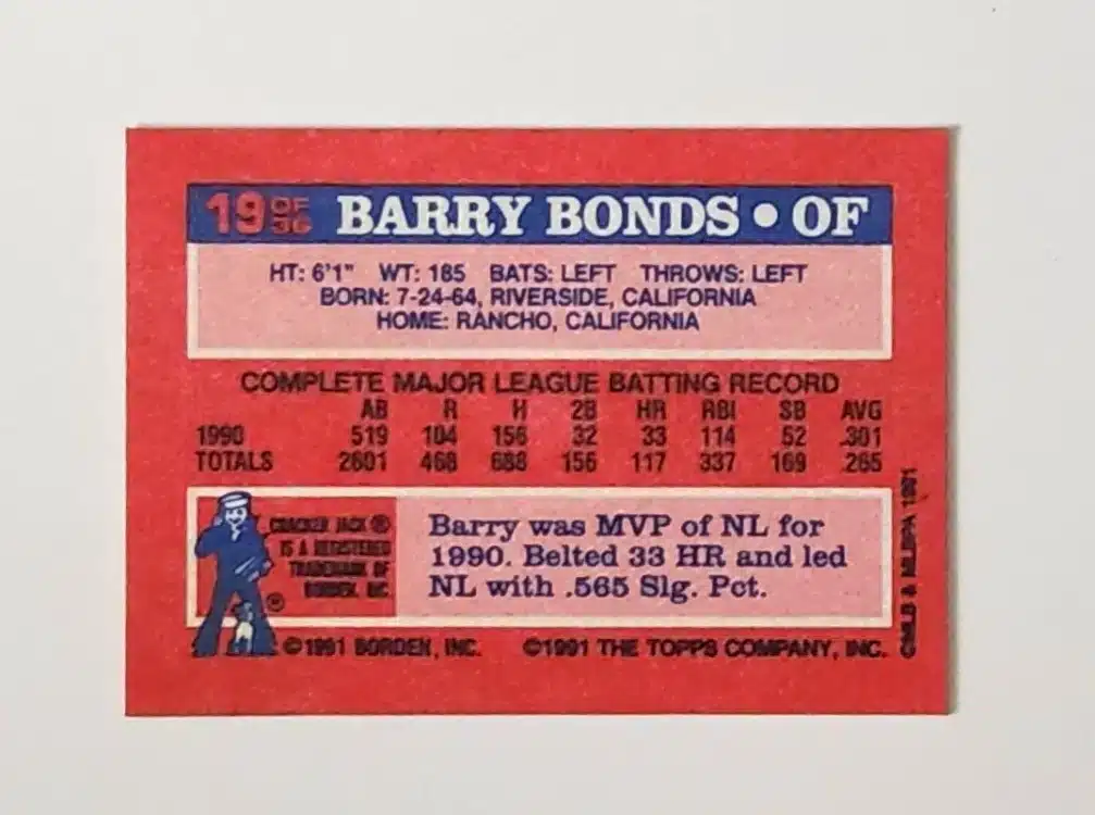 Barry-Bonds-topps-1991-cracker-jacks-card-19-of-36-pittsburgh-pirates-back Barry Bonds Topps 1991 Card#19 of 36 Back