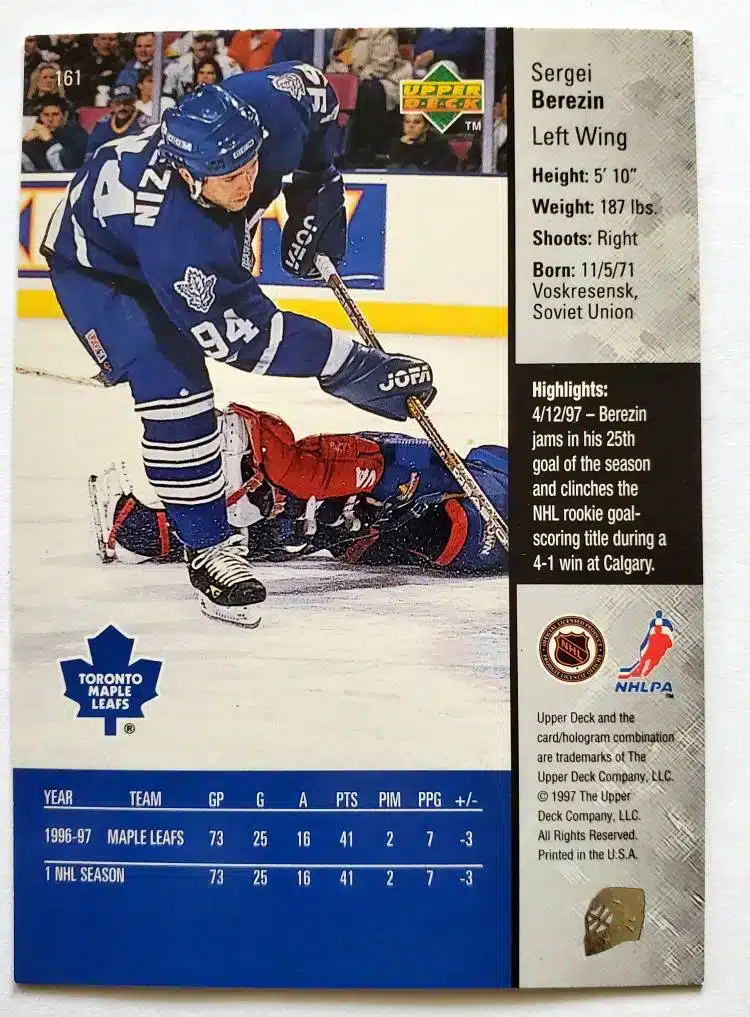 Sergei Berezin Upper Deck 1996 Card #161 Back