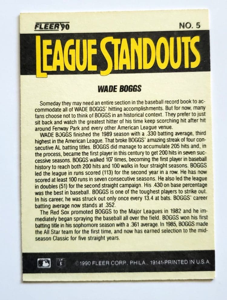 Wade Boggs Fleer 1990 "League Standouts" Card #5 Boston Red Sox Back