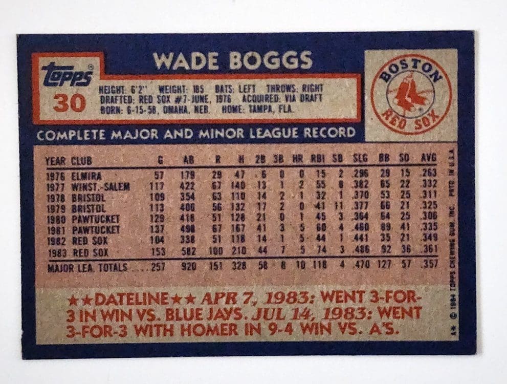 Wade Boggs Topps 1984 Card #30 Boston Red Sox back