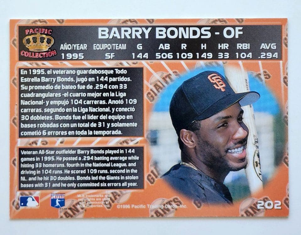 Barry Bonds Pacific Collection 1996 MLB Card #202 San Francisco Giants Back