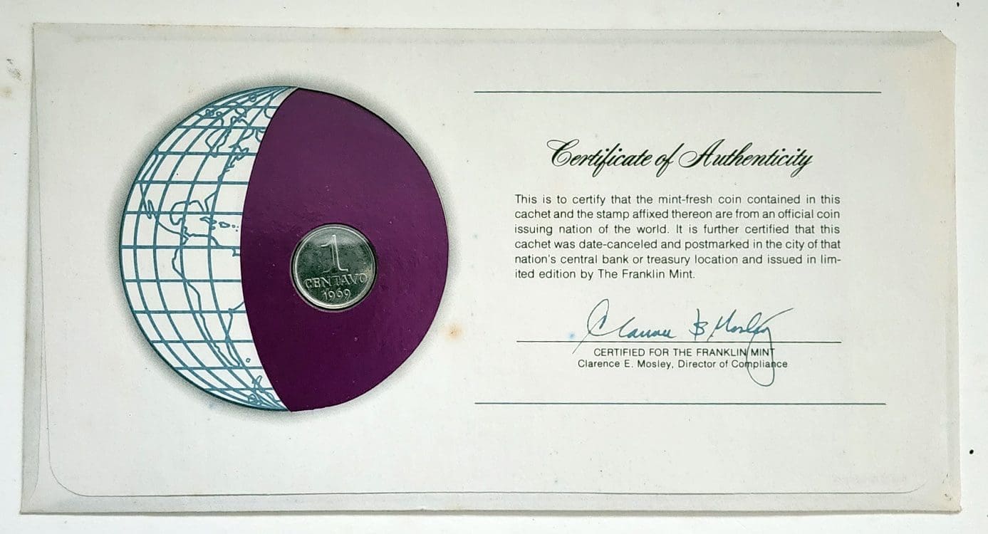 Brazil Coin Of All Nations Stamped Envelope Franklin Mint C.O.A Back