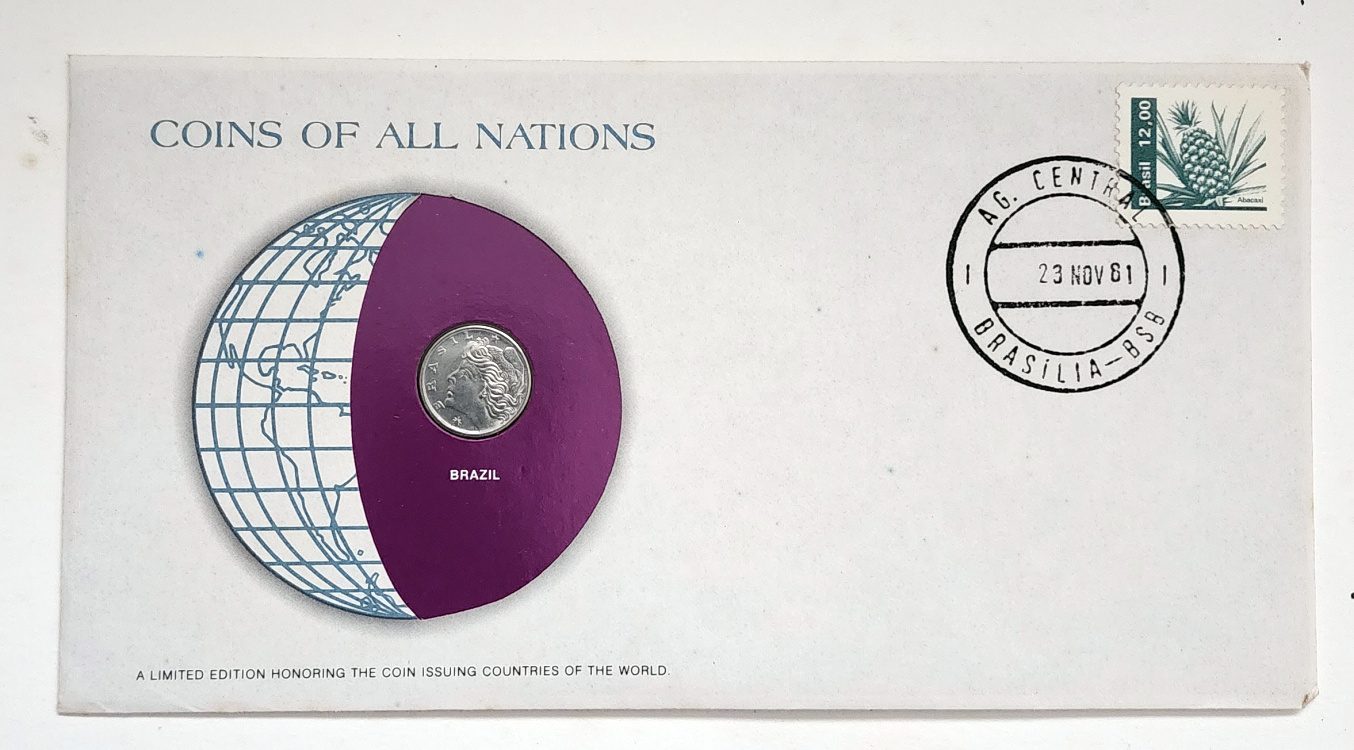 Brazil Coin Of All Nations Stamped Envelope Franklin Mint C.O.A