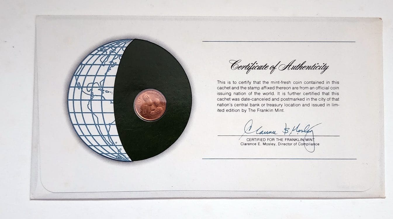 Gambia Mint Coin Stamped Envelope Franklin Mint with C.O.A Back