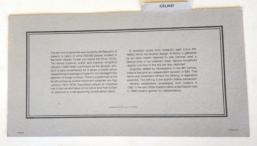 Iceland Banknote Information Card