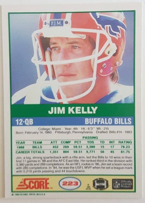 Jim Kelly Score 1989 Sports Trading Card #223 Buffalo Bills Back