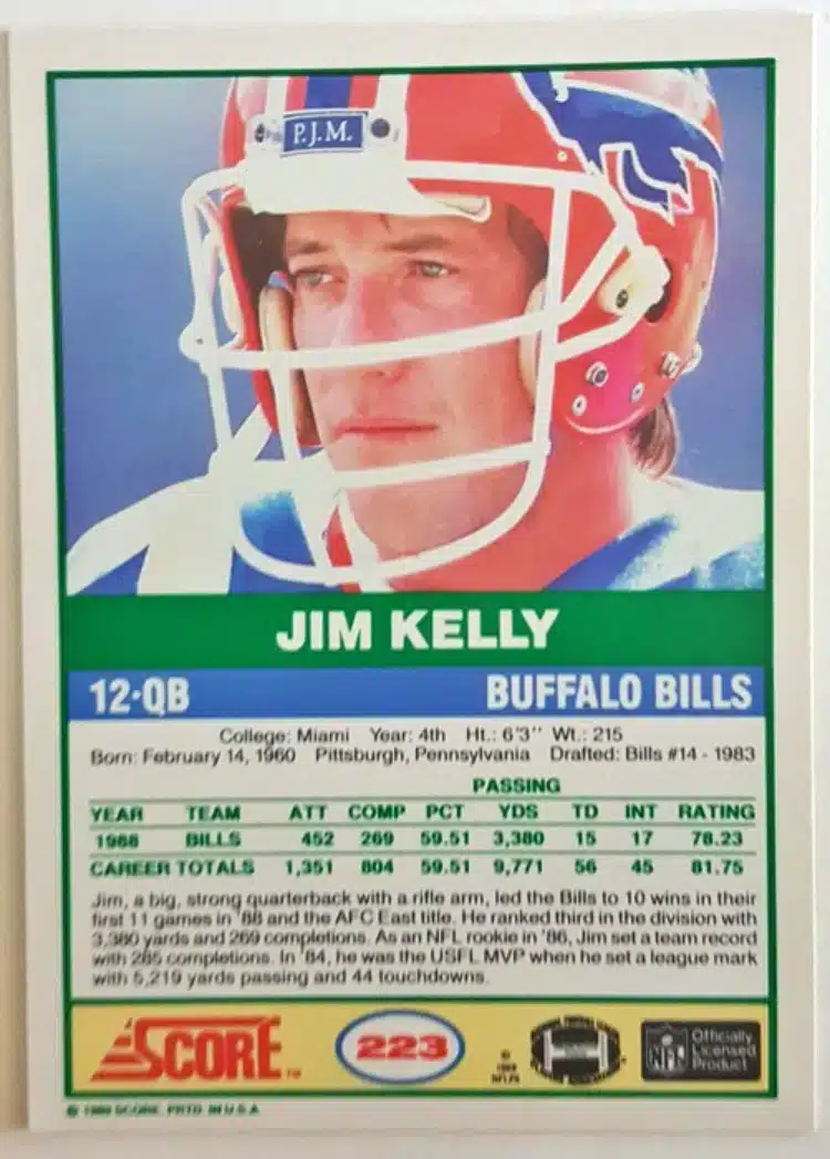 Jim Kelly Score 1989 Card #223 back