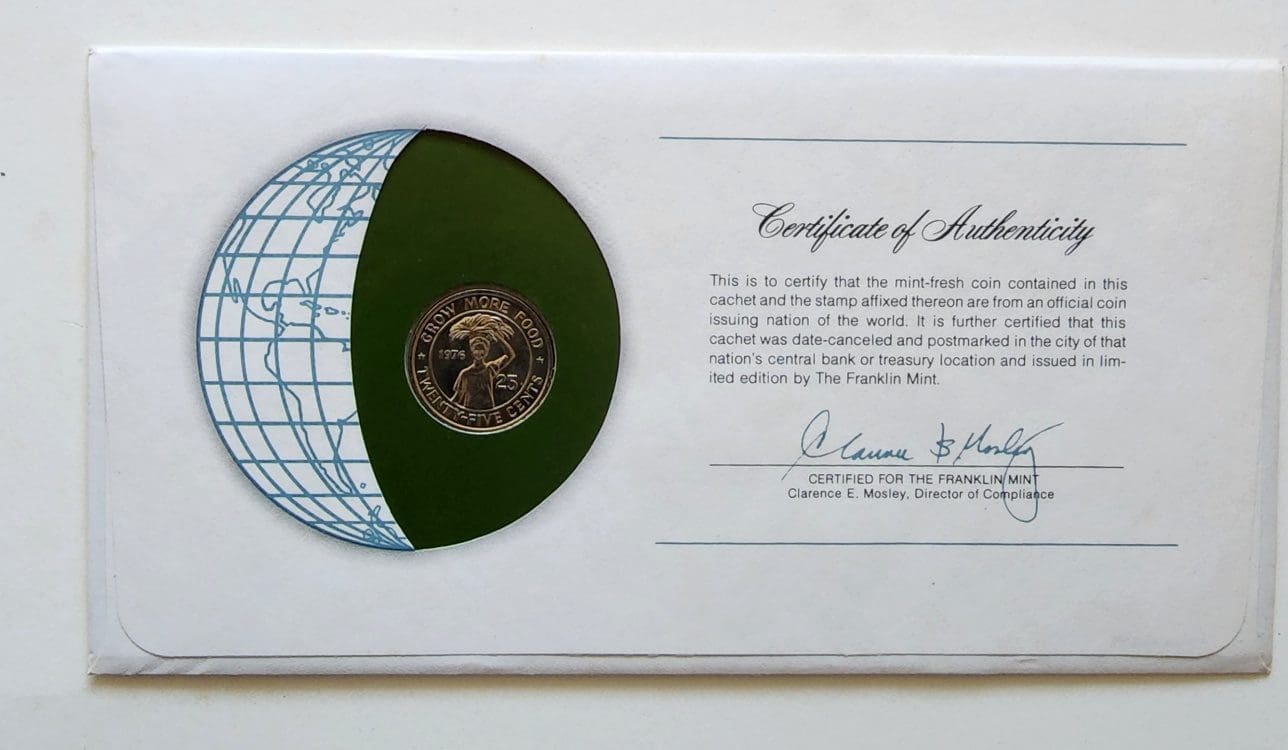 Liberia Mint Coin Stamped Envelope Franklin Mint with C.O.A Back