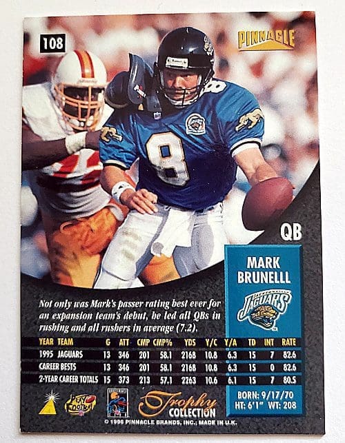 Mark Burnell Pinnacle 1996 Card #108 Jacksonville Jaguars Back