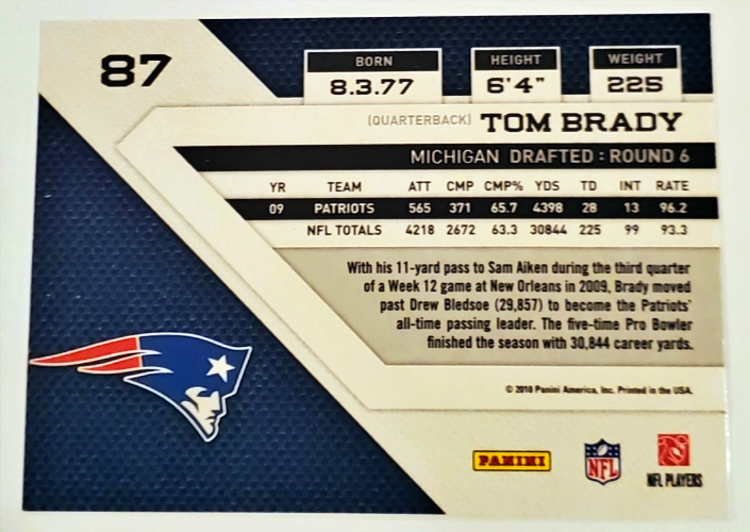 Tom Brady Panini 2010 #87 Back