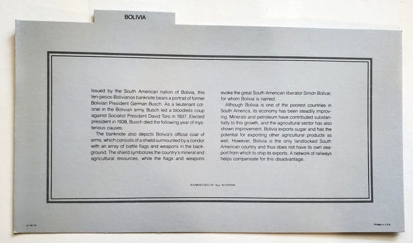 Bolivia Banknote Information Card