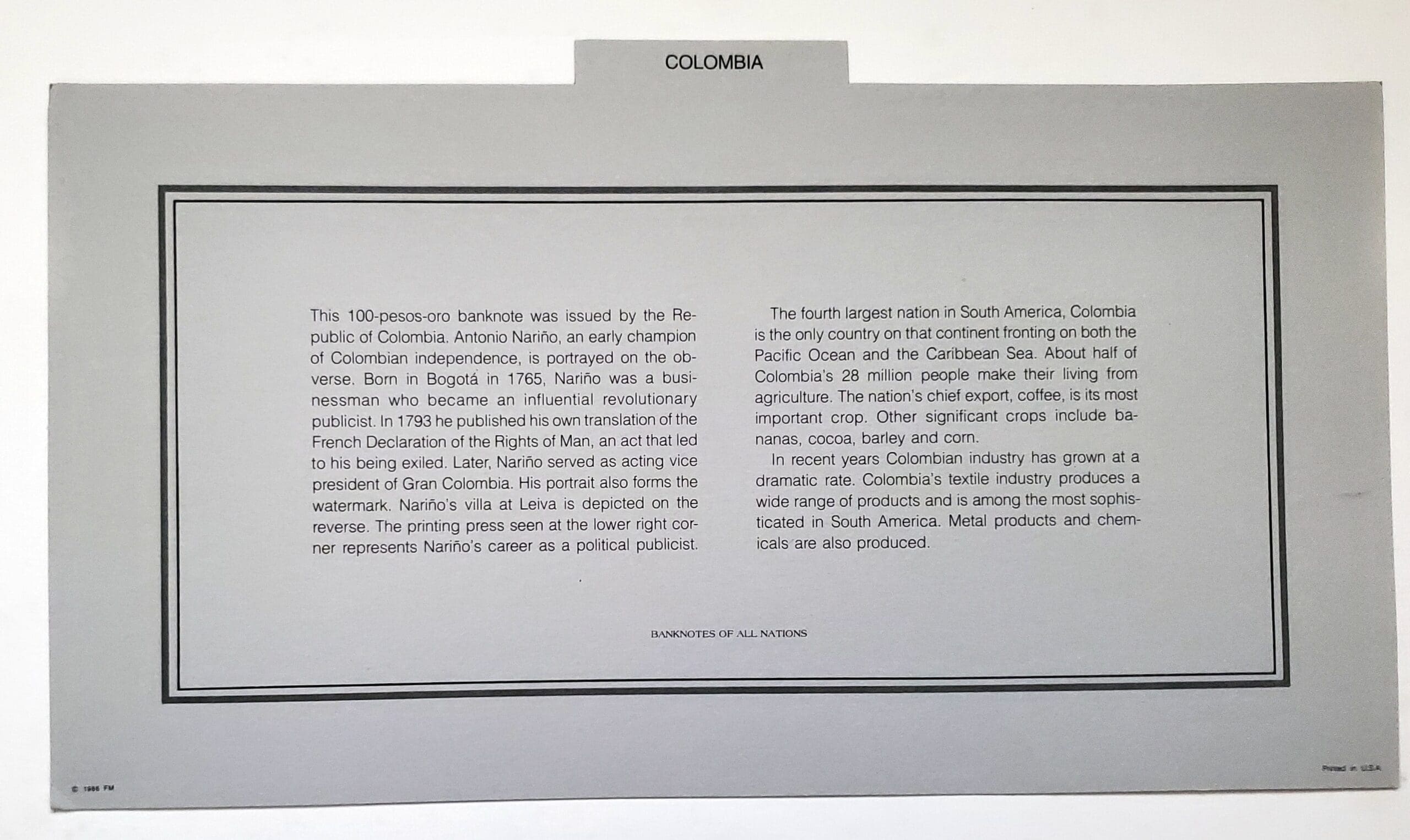 Columbia Banknote Information Card