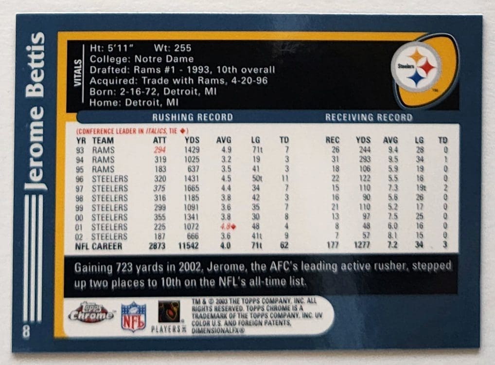 Jerome Bettis Topps Chrome 2003 NFL Trading Card #8 Pittsburgh Steelers Back