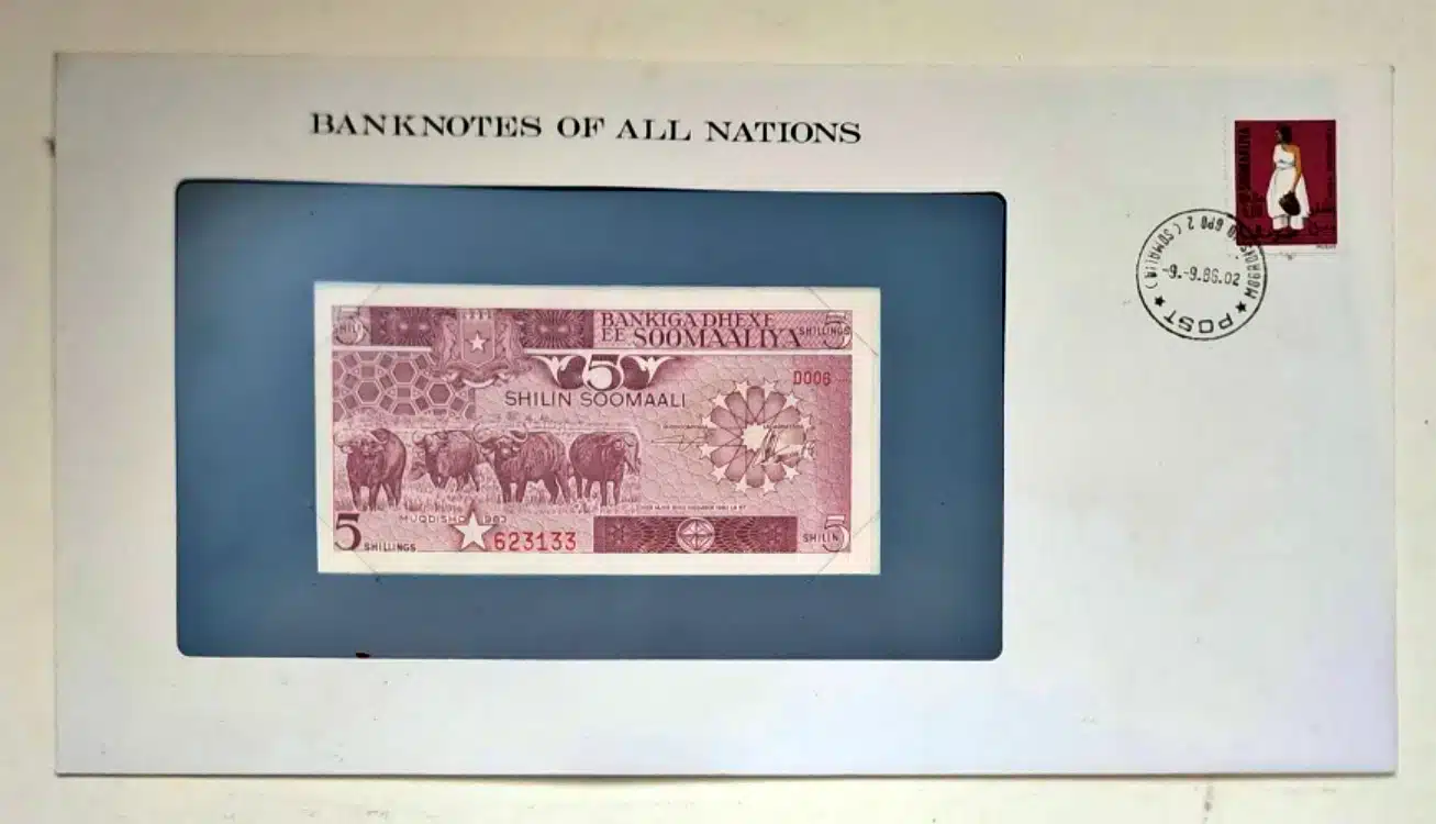 somalia-banknotes of all-nations-5-shilling-postmarked-09-09-1986 Somalia 5 Shilling Banknote Franklin Mint – Serial No. 623133