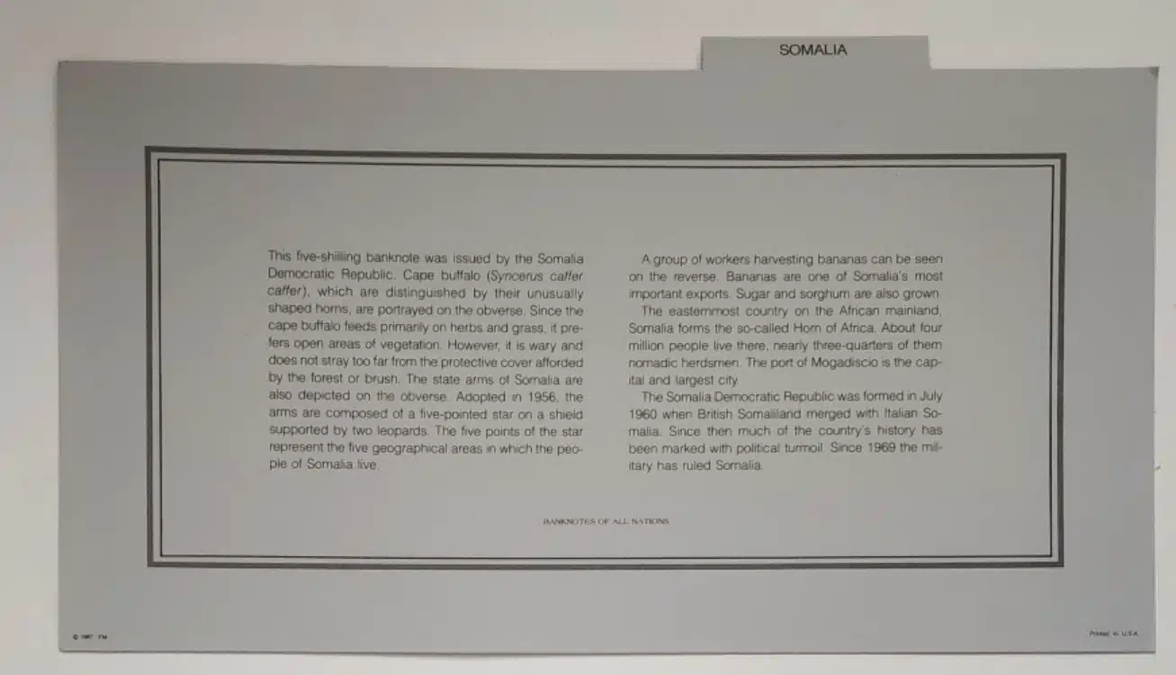 somalia-banknotes of all-nations-information-card Somalia 5Information Card