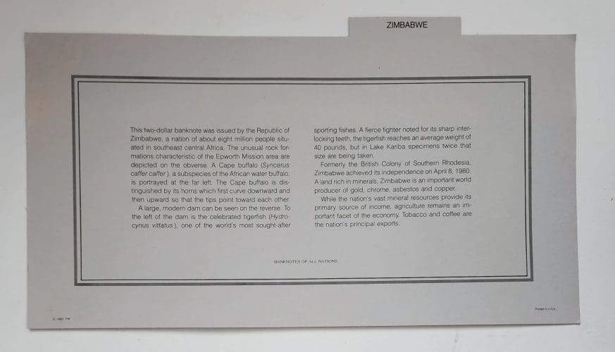 Zimbabwe Banknote Information Card