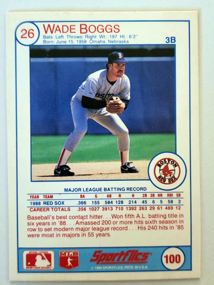 Wade Boggs Sportsflics 1989 Card #100 Back