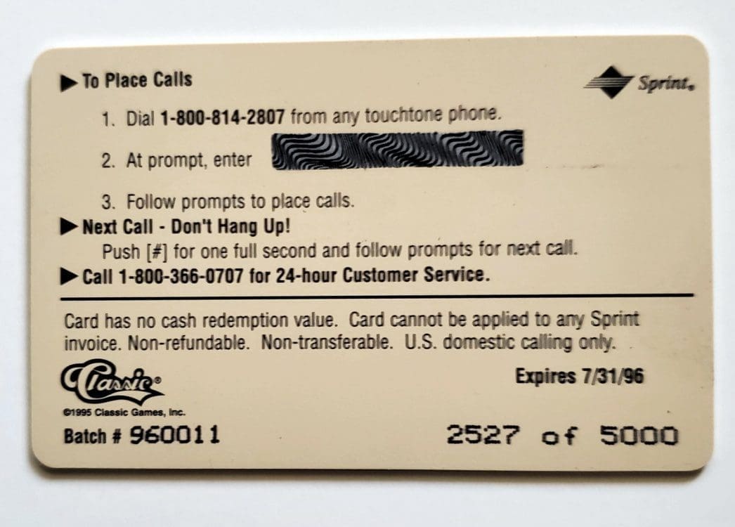 Barry Bonds Classic 1995 Assets Gold $5 Unused Sprint Phone Card #2527 of 5000 San Francisco Giants Back